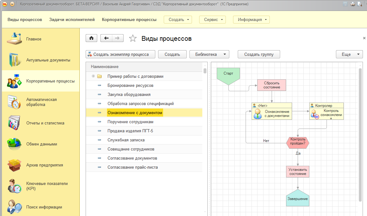 Работа с бизнес-процессами системы документооборота на базе 1С